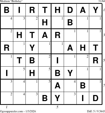 The grouppuzzles.com Medium Birthday puzzle for Saturday January 3, 2026 with all 5 steps marked