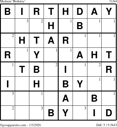 The grouppuzzles.com Medium Birthday puzzle for Saturday January 3, 2026 with the first 3 steps marked