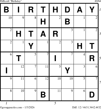 The grouppuzzles.com Difficult Birthday puzzle for Saturday January 3, 2026, suitable for printing, with all 12 steps marked
