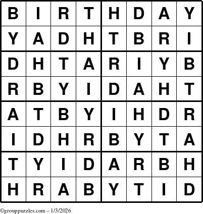 The grouppuzzles.com Answer grid for the Birthday puzzle for Saturday January 3, 2026