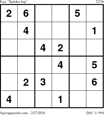 The grouppuzzles.com Easy Sudoku-6up puzzle for Tuesday February 27, 2024