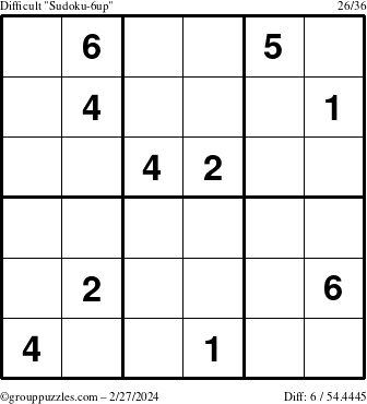 The grouppuzzles.com Difficult Sudoku-6up puzzle for Tuesday February 27, 2024