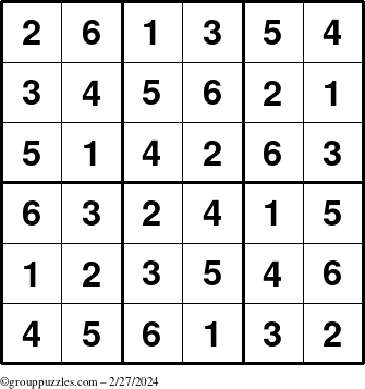 The grouppuzzles.com Answer grid for the Sudoku-6up puzzle for Tuesday February 27, 2024