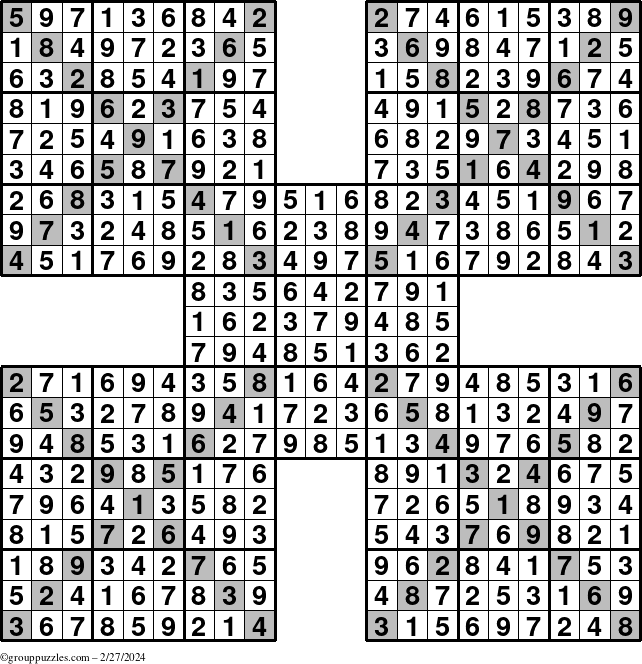 The grouppuzzles.com Answer grid for the Sudoku-Xtreme puzzle for Tuesday February 27, 2024