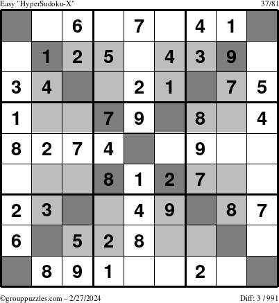 The grouppuzzles.com Easy HyperSudoku-X puzzle for Tuesday February 27, 2024