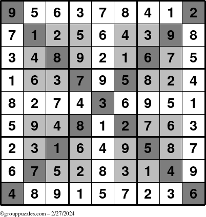 The grouppuzzles.com Answer grid for the HyperSudoku-X puzzle for Tuesday February 27, 2024