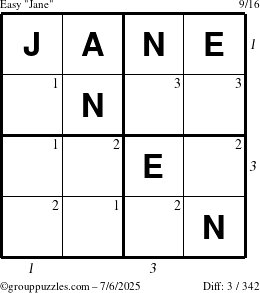 The grouppuzzles.com Easy Jane puzzle for Sunday July 6, 2025 with all 3 steps marked