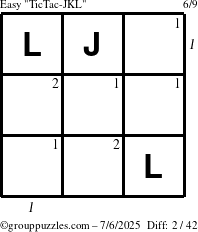 The grouppuzzles.com Easy TicTac-JKL puzzle for Sunday July 6, 2025 with all 2 steps marked