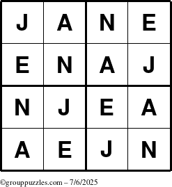 The grouppuzzles.com Answer grid for the Jane puzzle for Sunday July 6, 2025