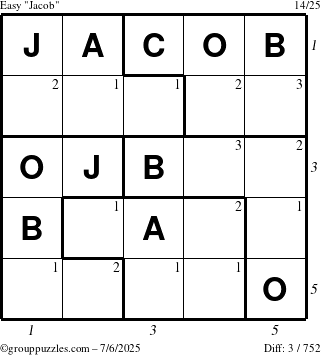 The grouppuzzles.com Easy Jacob puzzle for Sunday July 6, 2025 with all 3 steps marked