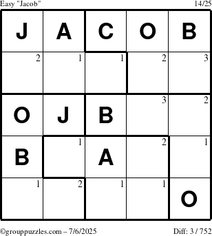 The grouppuzzles.com Easy Jacob puzzle for Sunday July 6, 2025 with the first 3 steps marked