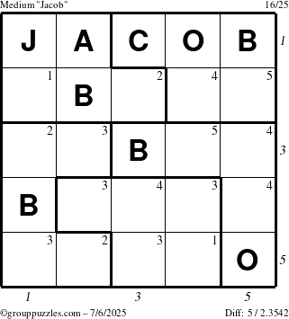 The grouppuzzles.com Medium Jacob puzzle for Sunday July 6, 2025 with all 5 steps marked