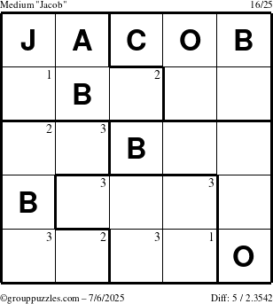 The grouppuzzles.com Medium Jacob puzzle for Sunday July 6, 2025 with the first 3 steps marked