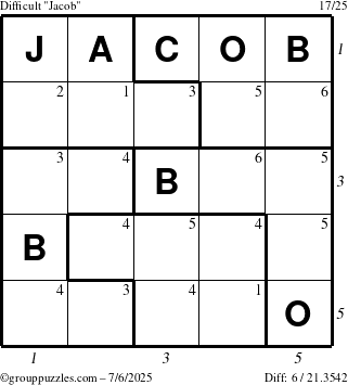 The grouppuzzles.com Difficult Jacob puzzle for Sunday July 6, 2025 with all 6 steps marked