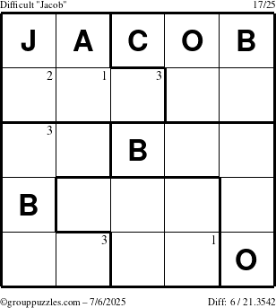 The grouppuzzles.com Difficult Jacob puzzle for Sunday July 6, 2025 with the first 3 steps marked