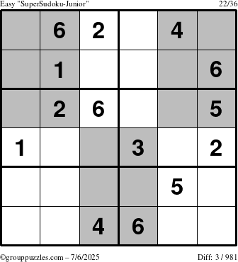 The grouppuzzles.com Easy SuperSudoku-Junior puzzle for Sunday July 6, 2025