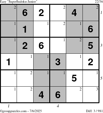 The grouppuzzles.com Easy SuperSudoku-Junior puzzle for Sunday July 6, 2025, suitable for printing, with all 3 steps marked