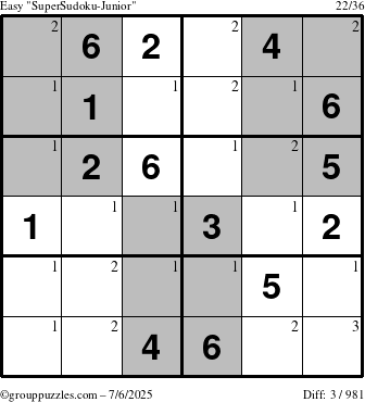 The grouppuzzles.com Easy SuperSudoku-Junior puzzle for Sunday July 6, 2025 with the first 3 steps marked