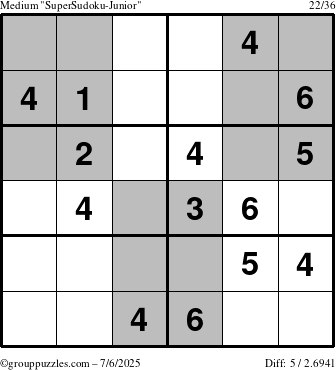 The grouppuzzles.com Medium SuperSudoku-Junior puzzle for Sunday July 6, 2025