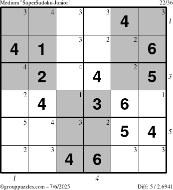 The grouppuzzles.com Medium SuperSudoku-Junior puzzle for Sunday July 6, 2025 with all 5 steps marked