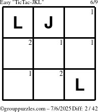 The grouppuzzles.com Easy TicTac-JKL puzzle for Sunday July 6, 2025 with the first 2 steps marked