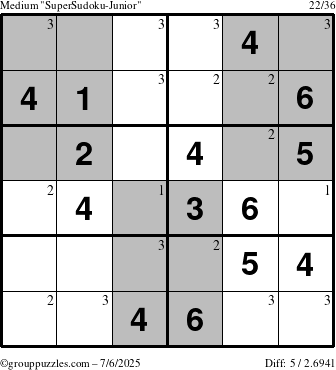 The grouppuzzles.com Medium SuperSudoku-Junior puzzle for Sunday July 6, 2025 with the first 3 steps marked