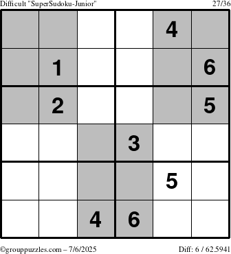The grouppuzzles.com Difficult SuperSudoku-Junior puzzle for Sunday July 6, 2025