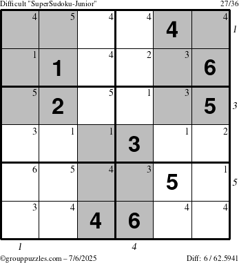 The grouppuzzles.com Difficult SuperSudoku-Junior puzzle for Sunday July 6, 2025 with all 6 steps marked