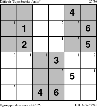 The grouppuzzles.com Difficult SuperSudoku-Junior puzzle for Sunday July 6, 2025 with the first 3 steps marked
