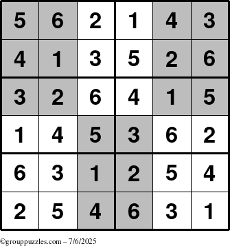 The grouppuzzles.com Answer grid for the SuperSudoku-Junior puzzle for Sunday July 6, 2025