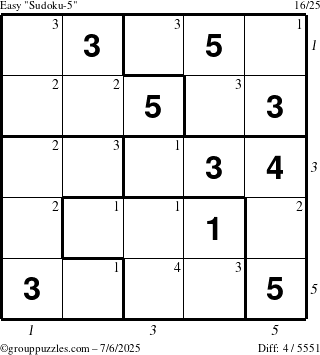 The grouppuzzles.com Easy Sudoku-5 puzzle for Sunday July 6, 2025 with all 4 steps marked