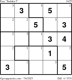The grouppuzzles.com Easy Sudoku-5 puzzle for Sunday July 6, 2025 with the first 3 steps marked