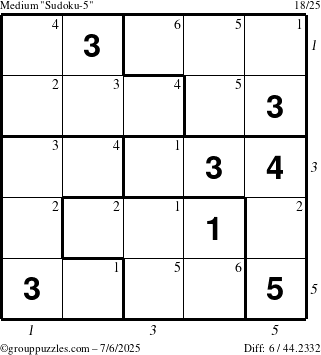 The grouppuzzles.com Medium Sudoku-5 puzzle for Sunday July 6, 2025 with all 6 steps marked