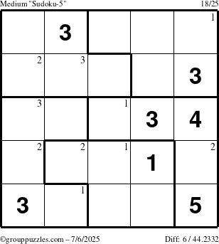 The grouppuzzles.com Medium Sudoku-5 puzzle for Sunday July 6, 2025 with the first 3 steps marked