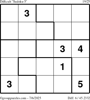 The grouppuzzles.com Difficult Sudoku-5 puzzle for Sunday July 6, 2025