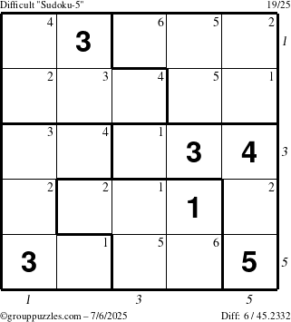 The grouppuzzles.com Difficult Sudoku-5 puzzle for Sunday July 6, 2025 with all 6 steps marked