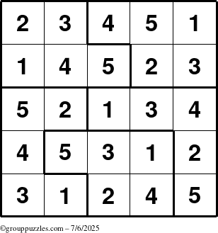 The grouppuzzles.com Answer grid for the Sudoku-5 puzzle for Sunday July 6, 2025