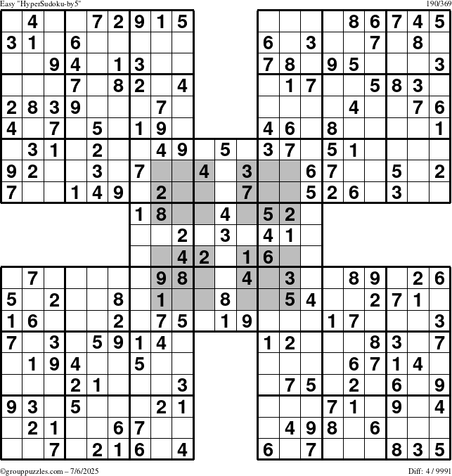 The grouppuzzles.com Easy HyperSudoku-by5 puzzle for Sunday July 6, 2025