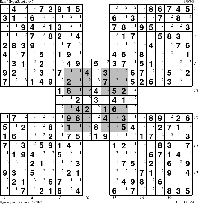 The grouppuzzles.com Easy HyperSudoku-by5 puzzle for Sunday July 6, 2025 with all 4 steps marked