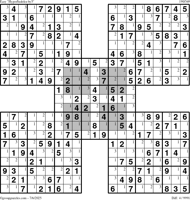 The grouppuzzles.com Easy HyperSudoku-by5 puzzle for Sunday July 6, 2025 with the first 3 steps marked