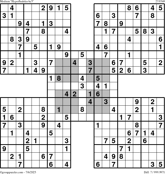The grouppuzzles.com Medium HyperSudoku-by5 puzzle for Sunday July 6, 2025
