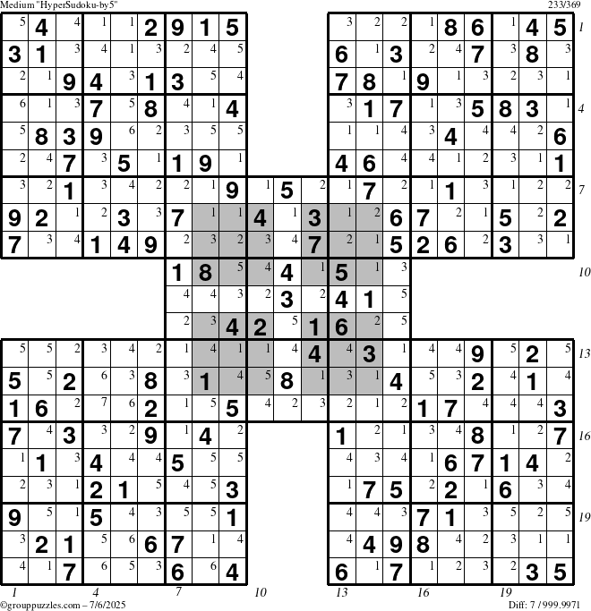 The grouppuzzles.com Medium HyperSudoku-by5 puzzle for Sunday July 6, 2025 with all 7 steps marked