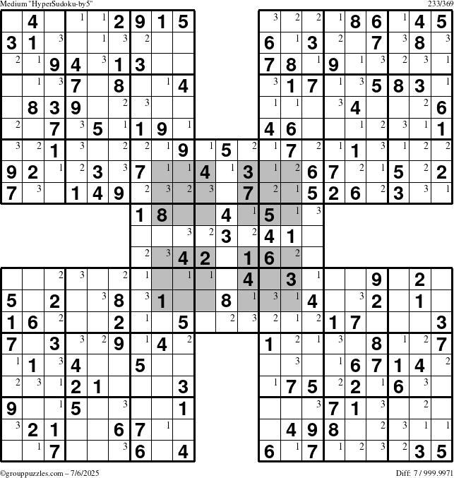 The grouppuzzles.com Medium HyperSudoku-by5 puzzle for Sunday July 6, 2025 with the first 3 steps marked