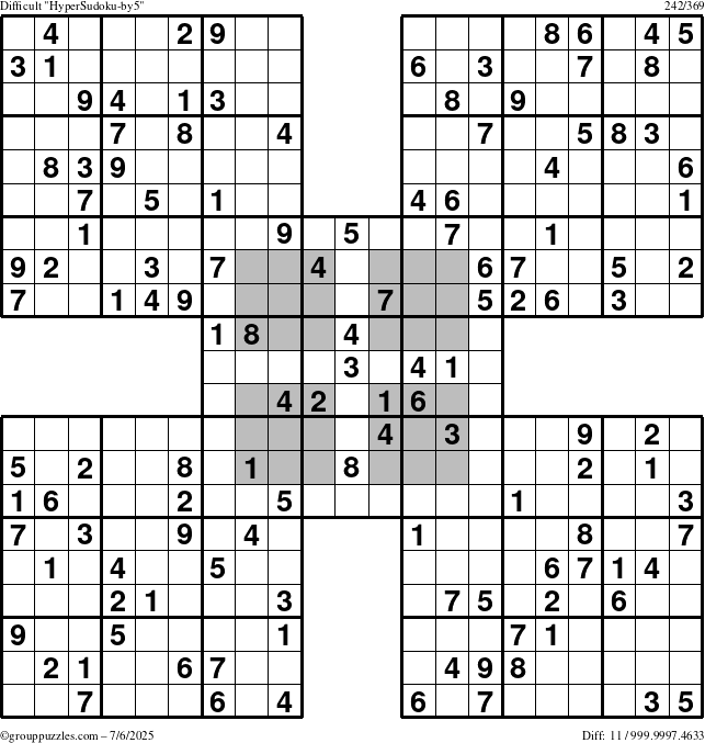 The grouppuzzles.com Difficult HyperSudoku-by5 puzzle for Sunday July 6, 2025