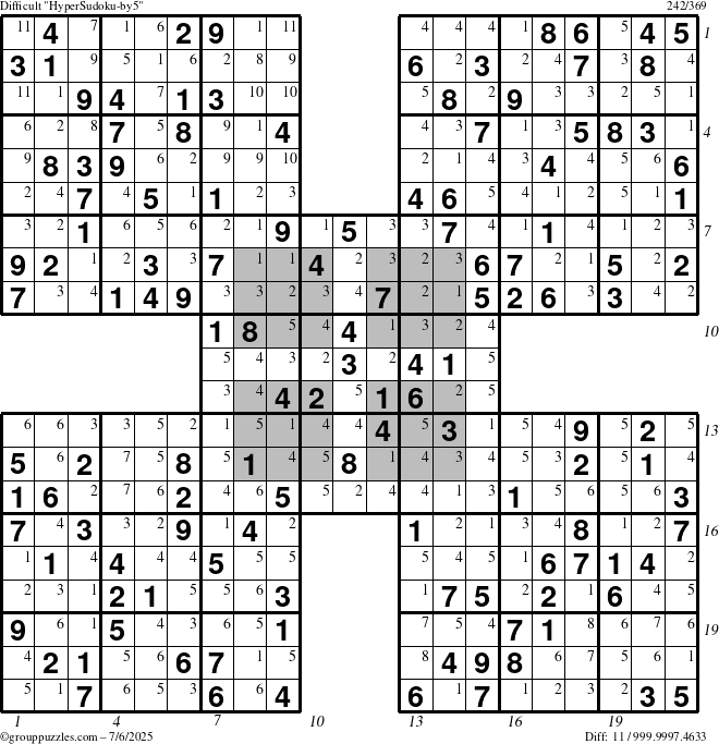 The grouppuzzles.com Difficult HyperSudoku-by5 puzzle for Sunday July 6, 2025 with all 11 steps marked