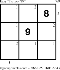 The grouppuzzles.com Easy TicTac-789 puzzle for Sunday July 6, 2025 with all 2 steps marked
