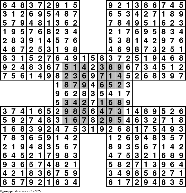 The grouppuzzles.com Answer grid for the HyperSudoku-by5 puzzle for Sunday July 6, 2025