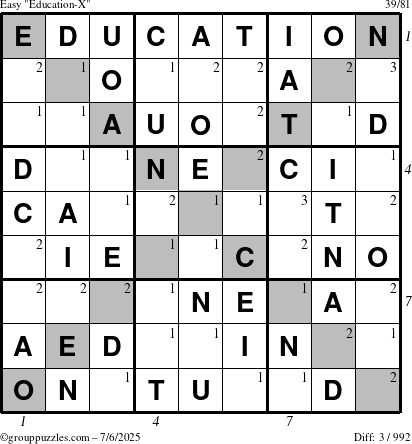 The grouppuzzles.com Easy Education-X puzzle for Sunday July 6, 2025 with all 3 steps marked