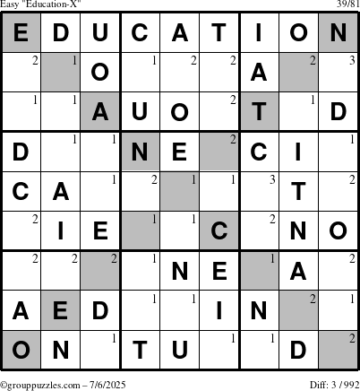 The grouppuzzles.com Easy Education-X puzzle for Sunday July 6, 2025 with the first 3 steps marked