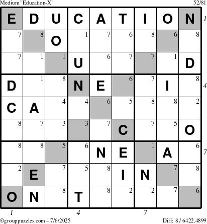 The grouppuzzles.com Medium Education-X puzzle for Sunday July 6, 2025 with all 8 steps marked